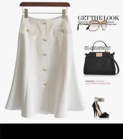 白色口袋钉金扣单排扣高腰A字大摆半身裙中裙...