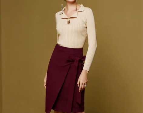 欧美秋冬新款复古高腰蝴蝶结绑带不规则包臀中...