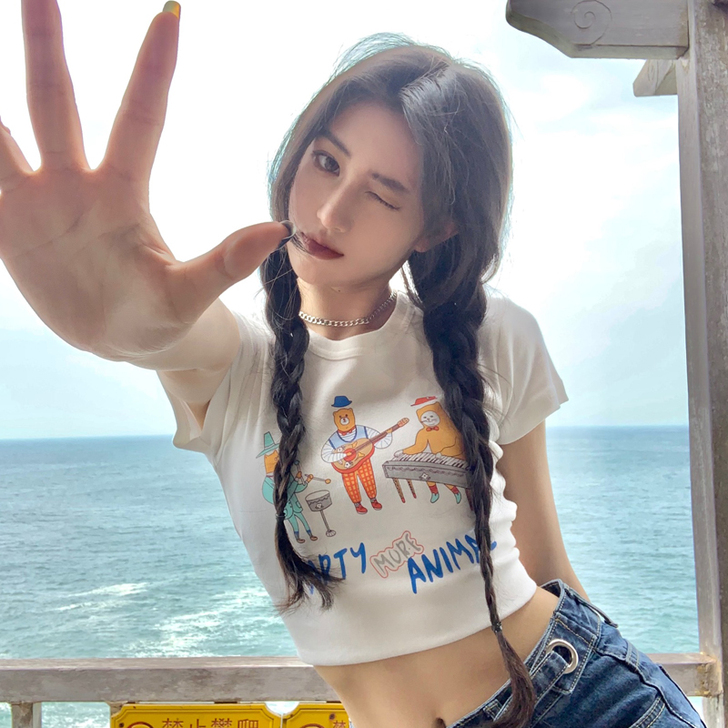bm上衣设计感小众夏奶甜辣妹漏脐短款高腰短...