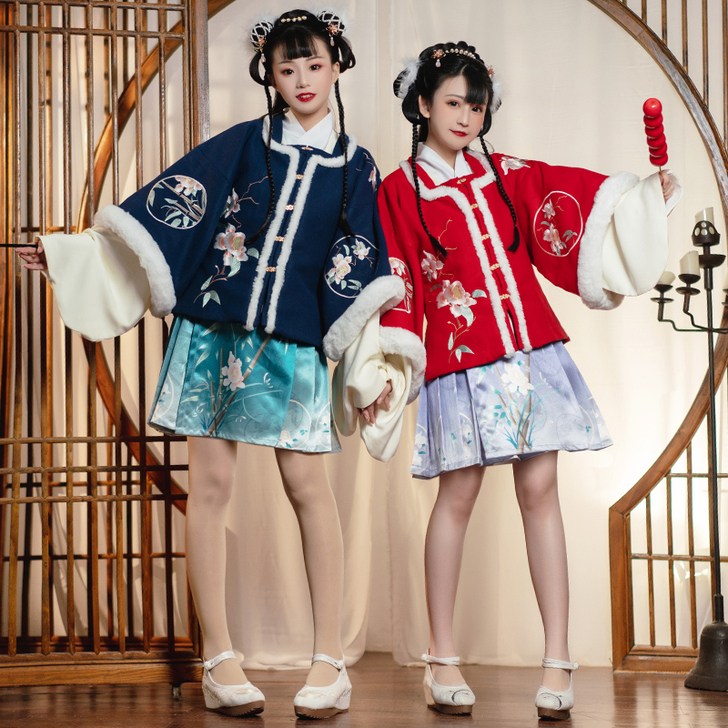 墨子研竹忆汉服女冬装汉元素方领半袖毛呢半臂...