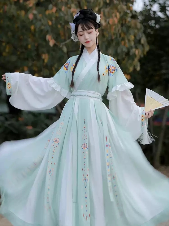 艺缕原创芙蕖汉服女襦裙重工刺绣齐腰破裙晋制...