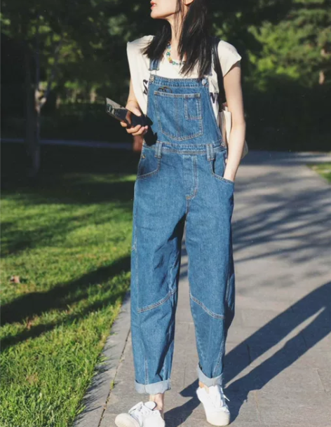 背带牛仔裤 复古牛仔背带裤迪丽热巴同款蓝色...