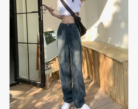 复古蓝阔腿牛仔裤女春夏新款高腰宽松显瘦垂感...