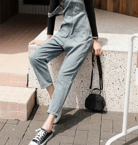 背带牛仔裤 牛仔背带裤九分裤2022新款套...