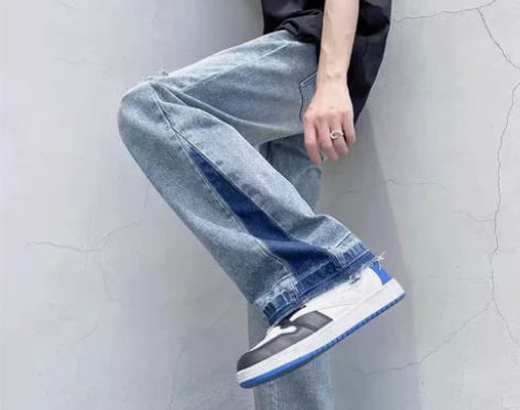 美式复古水洗拼接牛仔裤高街潮牌破洞宽松直筒...