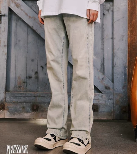 PRESSURE牛仔裤做旧水洗弹力直筒长裤...