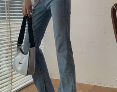 微喇浅色开叉高腰牛仔裤春夏复古阔腿修身喇叭...