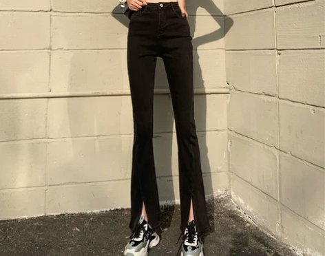 黑色高腰开叉牛仔裤女2022年春装新款显瘦...