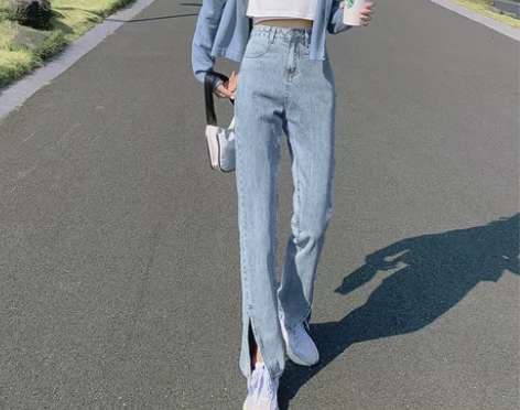 【风尚价】浅色开叉牛仔裤女春夏2021年新...