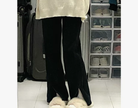 高腰开叉黑色牛仔裤女直筒宽松显瘦微喇叭小个...