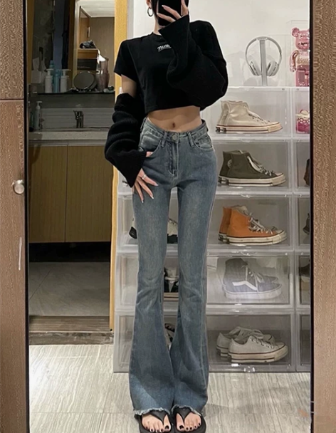 喇叭牛仔裤 牛仔裤喇叭裤高腰微喇女2022...