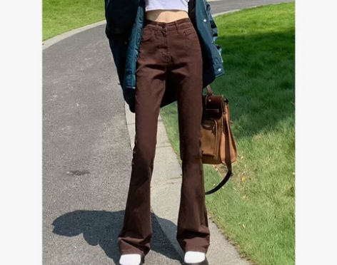 棕色牛仔裤女秋冬2021新款加绒高腰显瘦微...