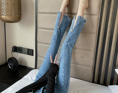 【礼遇价】夏季薄款微喇牛仔裤女开叉2022...