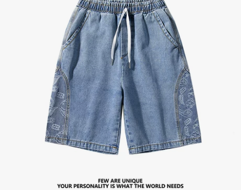 XYZ腰果花牛仔短裤男士夏季宽松直筒休闲五...