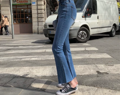 微喇毛边牛仔裤女秋高腰显瘦长裤深蓝色 版型...