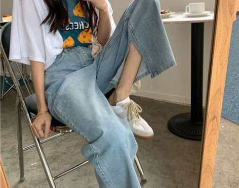 开叉牛仔裤女直筒宽松阔腿裤2022年新款春...