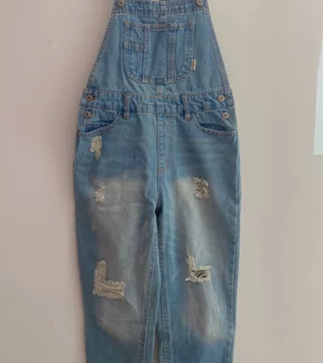 秋冬盐系背带裤破洞复古高腰宽松舒适全棉牛仔...