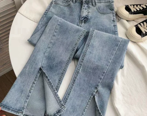 网红百搭裤脚开叉高腰弹力牛仔裤女学生202...