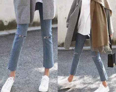 网红破洞八分牛仔裤女高腰2019春款cec...