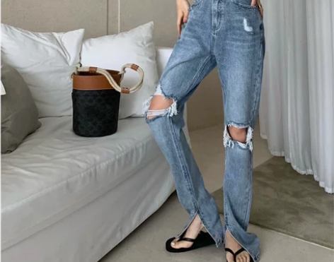 高腰显瘦宽松开叉牛仔直筒裤女士夏季破洞新款...