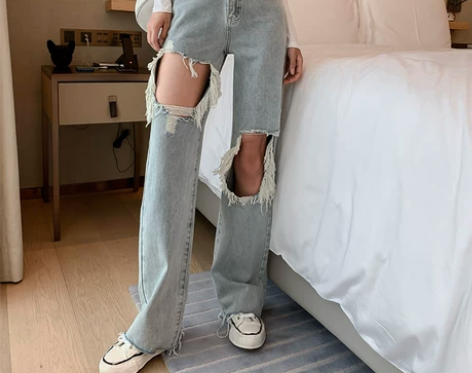 破洞牛仔裤女2022年新款夏季阔腿裤高腰垂...