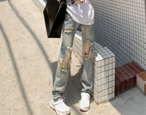 破洞牛仔裤 夏季破洞牛仔裤2022新款高街...