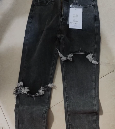 灰色破洞牛仔裤女2022新款高腰弹力修身显...