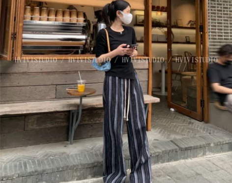 HVIVI条纹直筒休闲裤女小个子夏宽松慵懒...