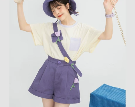 【礼遇价】洋气立体扎花紫色单肩背带短裤子女...