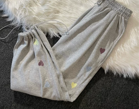 爱心刺绣卫裤女高腰显瘦抽绳束脚运动裤 感兴...