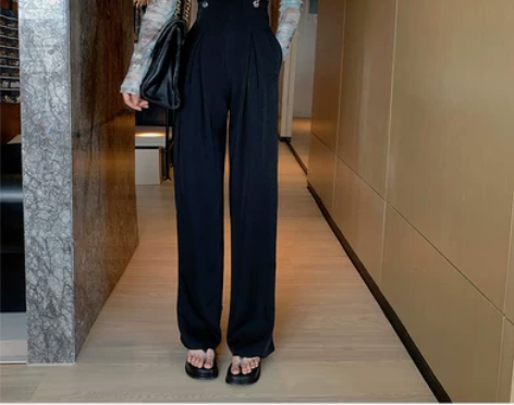 韩版高腰珍珠链条背带裤背带西裤设计感小众直...