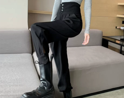 黑色工装裤女显瘦高腰小个子垂坠感束脚西装裤...