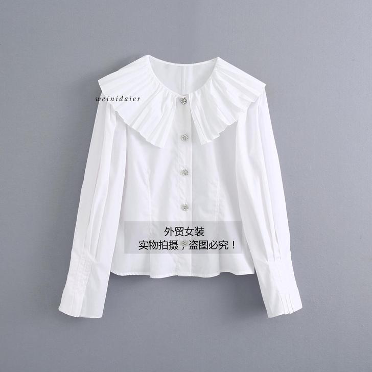 秋装新款荷叶领镶钻长袖衬衫意大利单女装大牌...