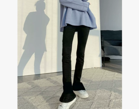 LIN 黑色微喇牛仔裤女春秋高腰休闲裤高个...