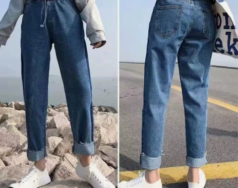 牛仔裤女宽松阔腿裤拖地裤直筒百搭松紧腰休闲...