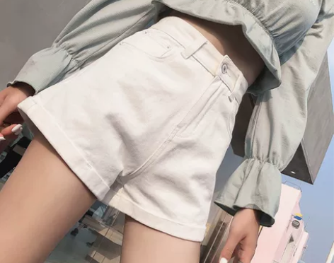 白色牛仔短裤女夏新款高腰卷边韩版显瘦学生宽...