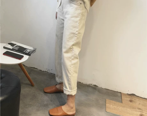 浅色系~春秋季米色裤子女高腰宽松牛仔裤直筒...