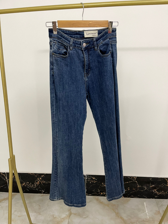 购于实体店 深蓝色高腰微喇叭牛仔裤女秋季新...
