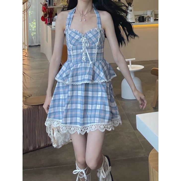 纯欲风甜美蕾丝边设计感炸街辣妹连衣裙性感收...