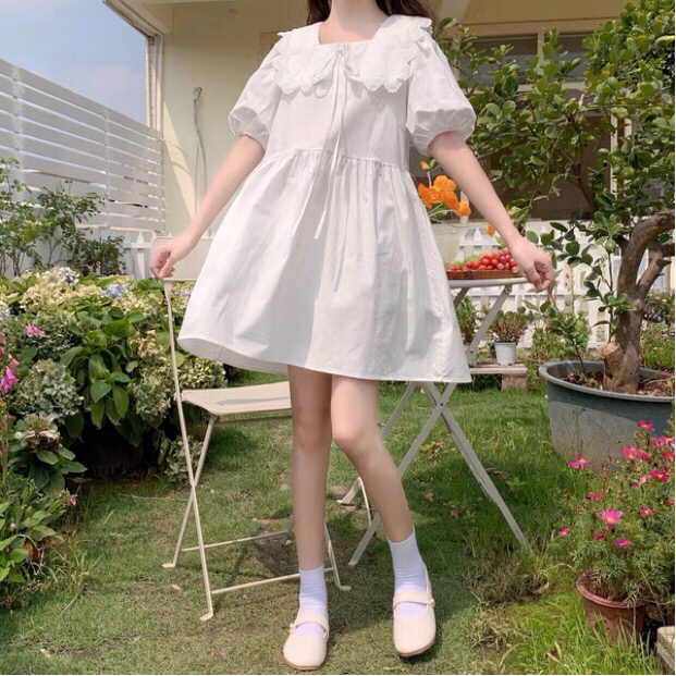 茶歇裙子初恋系小白裙女夏娃娃领泡泡袖温柔c...
