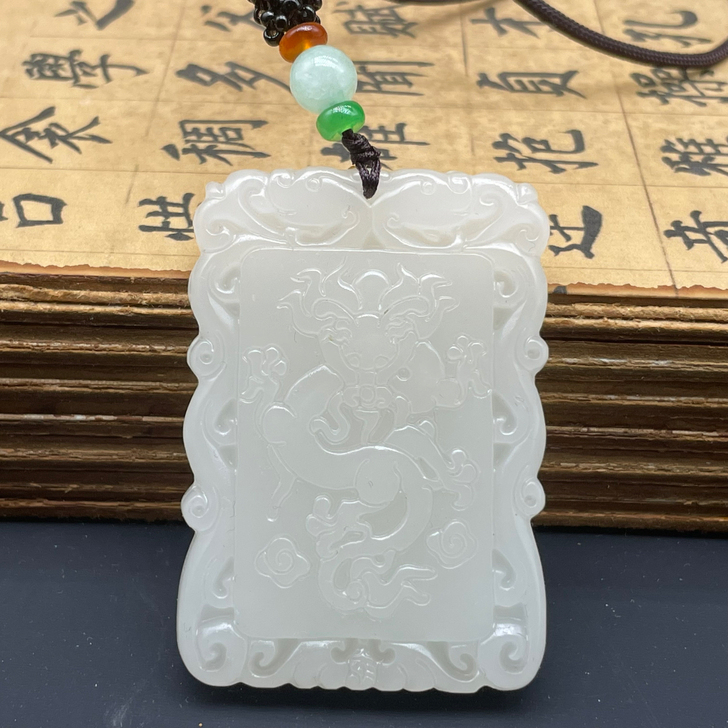 白玉龙牌挂件复古玉佩牌子古玉老玉手工玉雕玉...