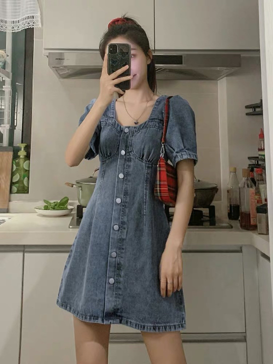 大码胖mm遮肚显瘦牛仔连衣裙女夏法式气质女...