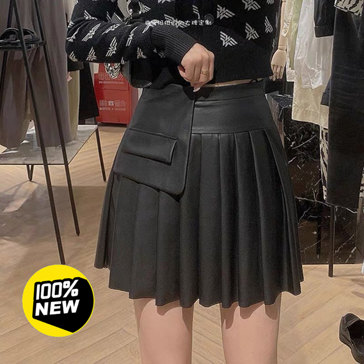 moco杨幂同款黑色高腰PU漆皮半身裙百褶...