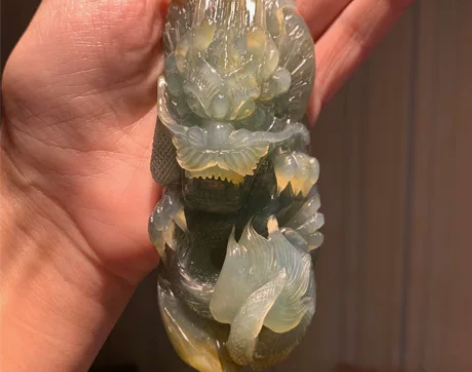玉雕玉石花玉岫玉蓝水料龙手把，顶珠可按摩，...