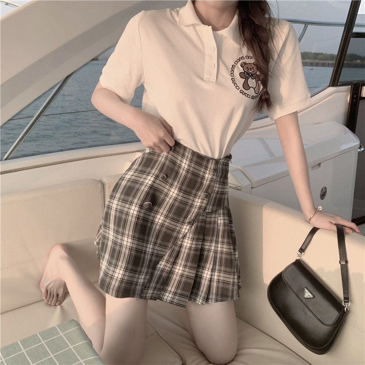 日系Polo衫短袖小熊正肩T恤女2021设...