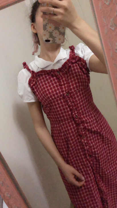 小清新吊带裙甜美减龄中长款连衣裙红格子背带裙