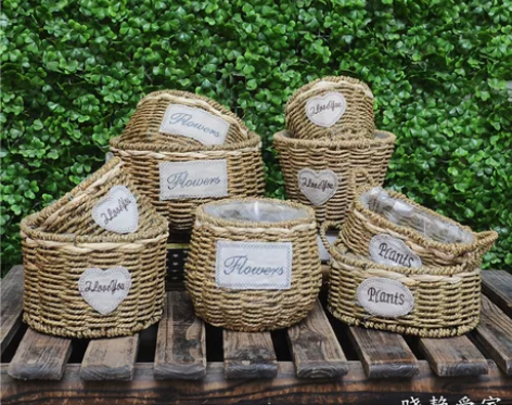 草编花盆藤编花篮手工编织绿萝插花手提摆件