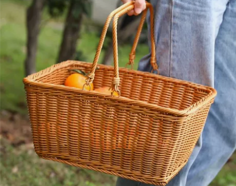野餐篮子仿藤编织带盖花篮果篮收纳筐市购物篮...
