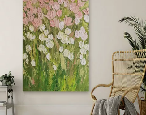 纯手绘玄关油画郁金香肌理挂画抽象立体花卉莫...