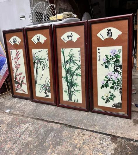 捡漏捡漏【红木色实木框刺绣画】梅兰菊竹刺绣...